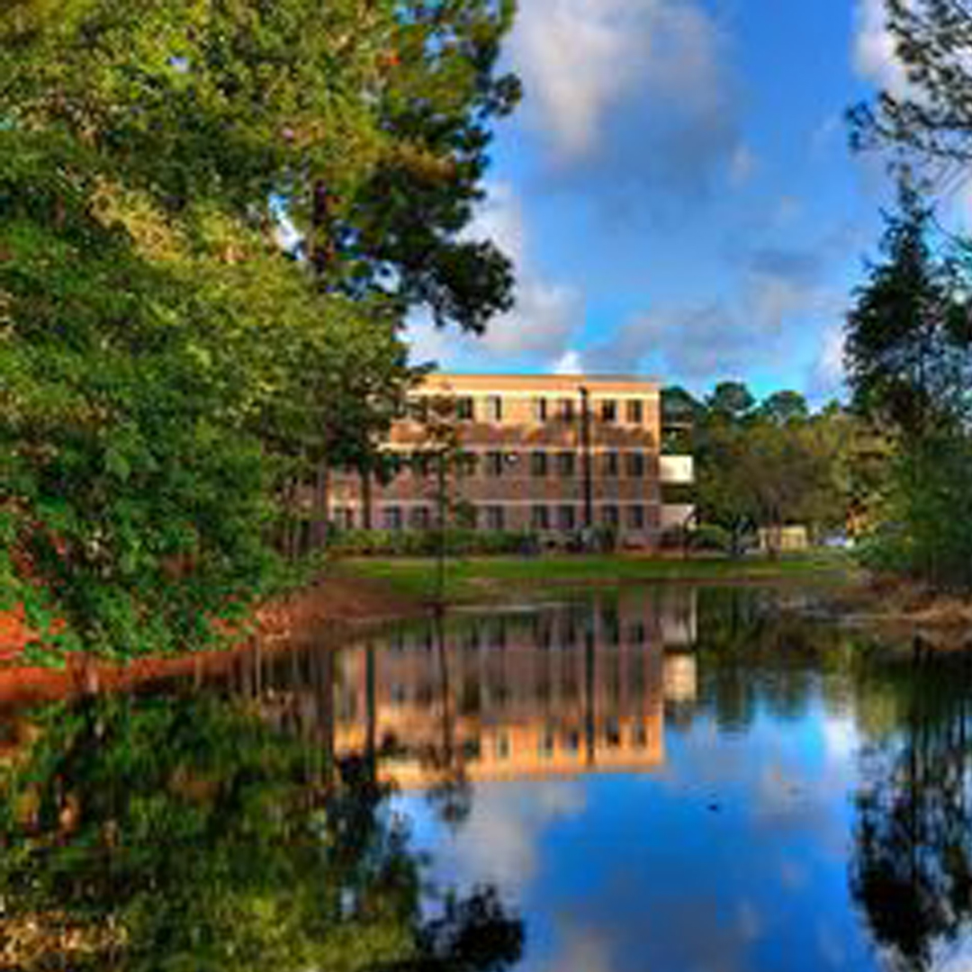 View of housing across a pond