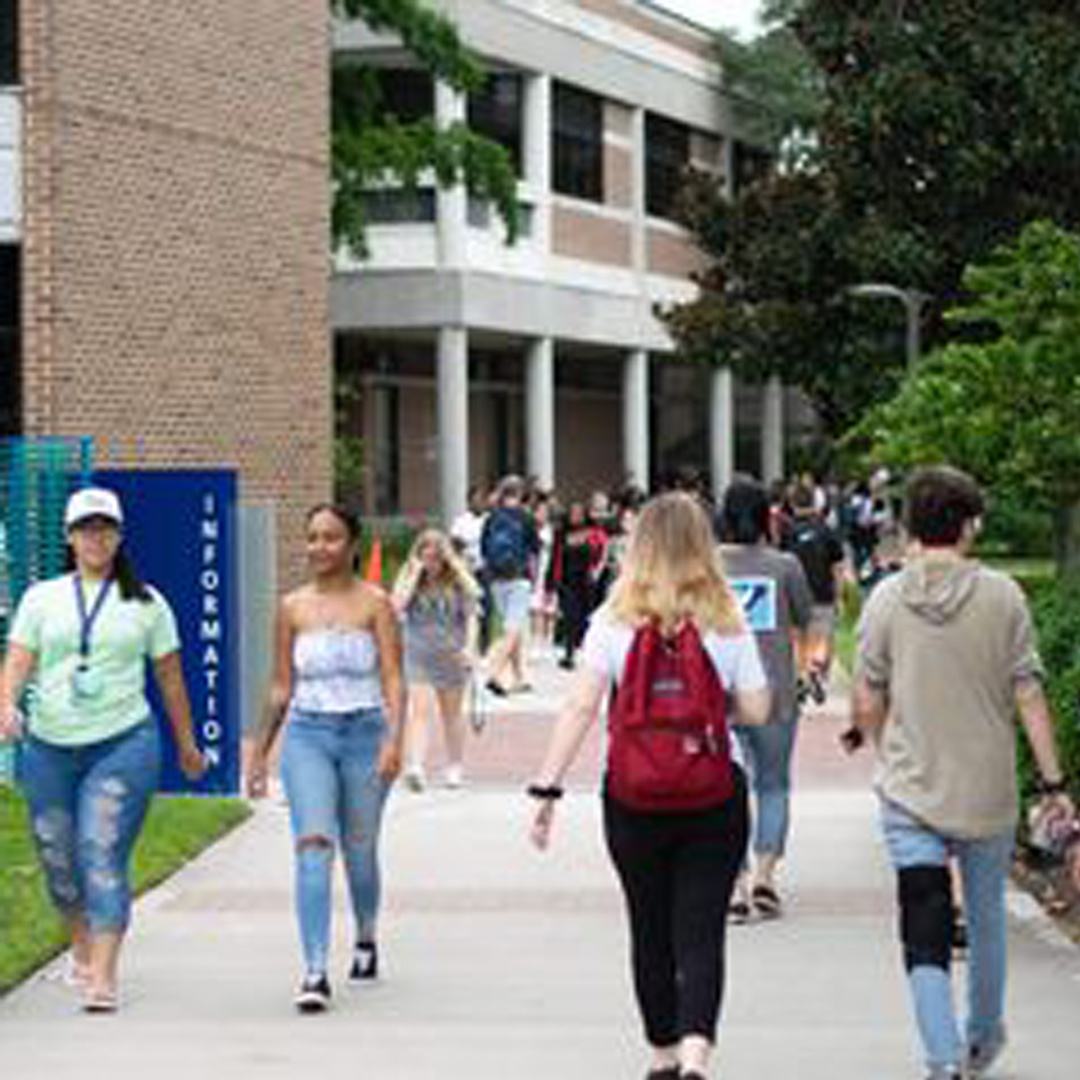 Busy sidewalk in the middle of campus