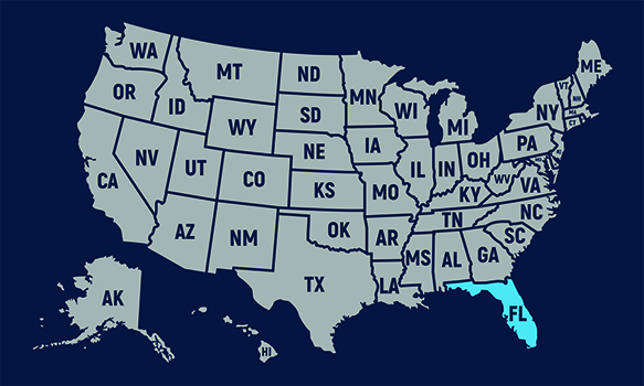 map of US with all states gray except Florida which is aqua