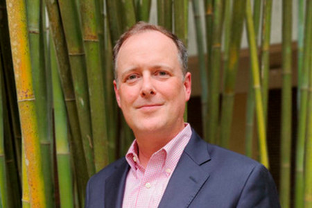 Man wearing a suit poses in front of green and yellow bamboo.