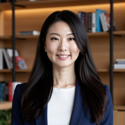 Sydney Kim in front of a wooden bookshelf in an office space.
