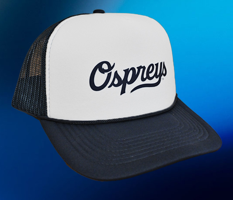 Trucker hat with Ospreys script text logo on the front