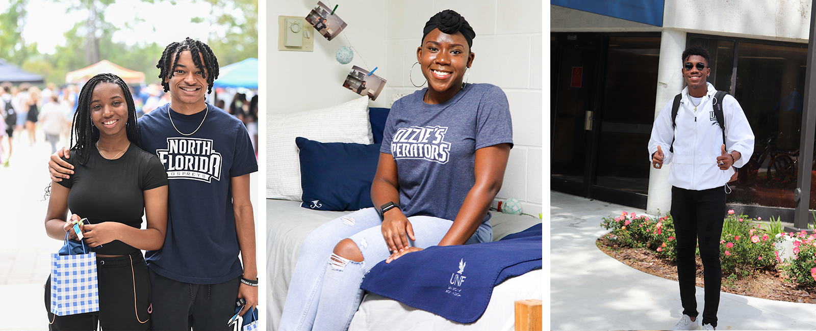 Two UNF students smiling and hugging for a picture, a UNF resident sitting on their bed and a UNF resident with sunglasses on giving a thumbs up outside of Osprey Hall