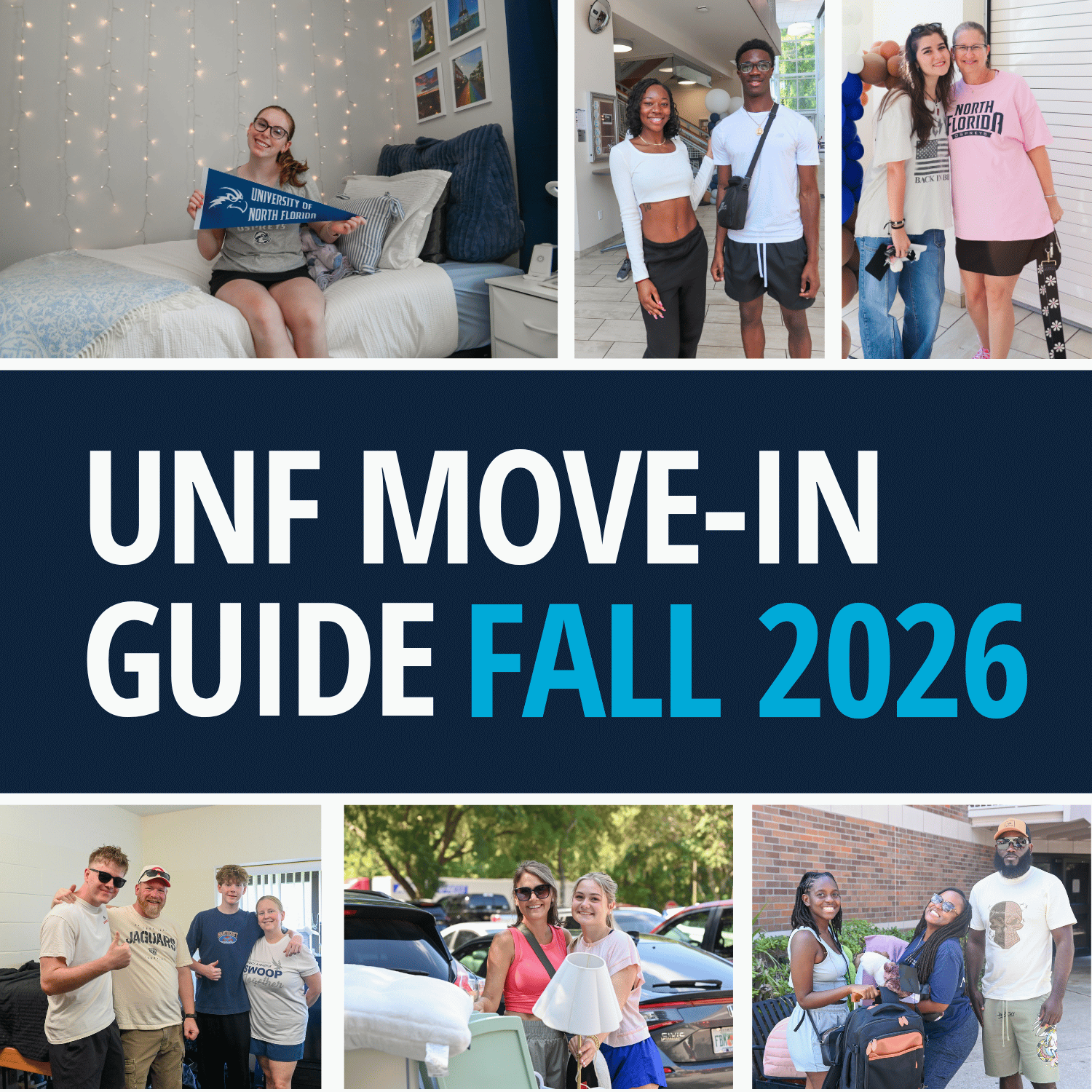 Fall 2026 move-in guide with a lot of UNF students on campus having fun