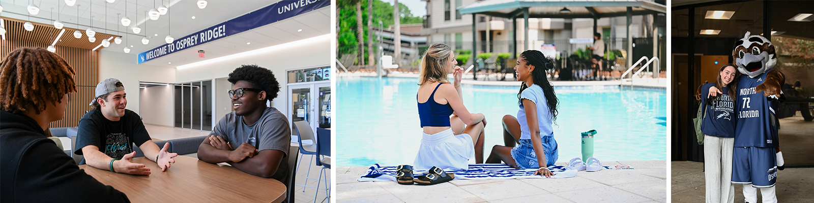 students enjoying living on campus, one at the pool, one with Ozzie, and another is Osprey Ridge