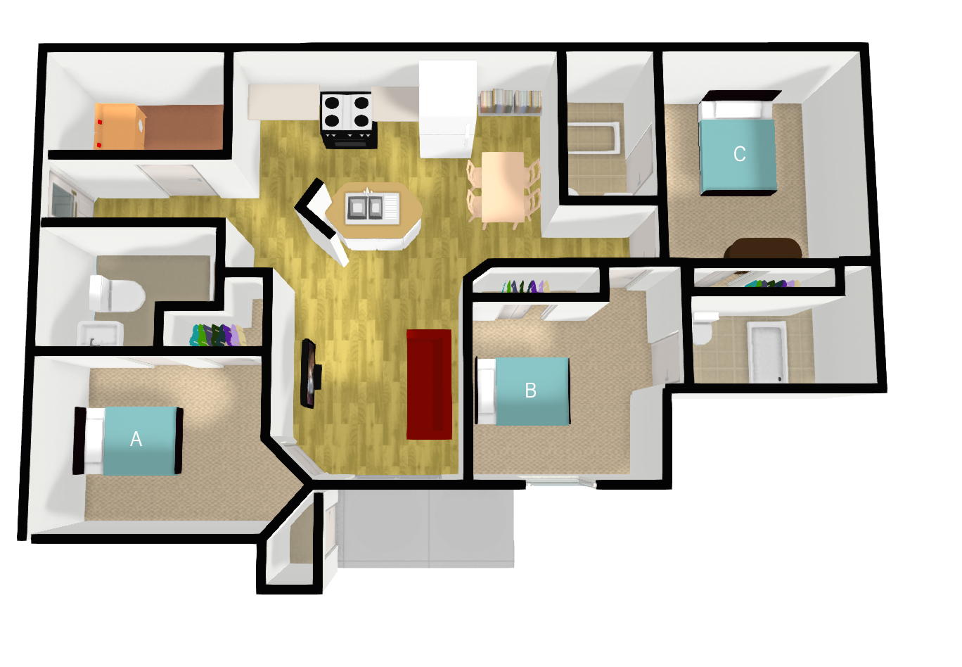 the flats at unf three bedroom 3d floorplan