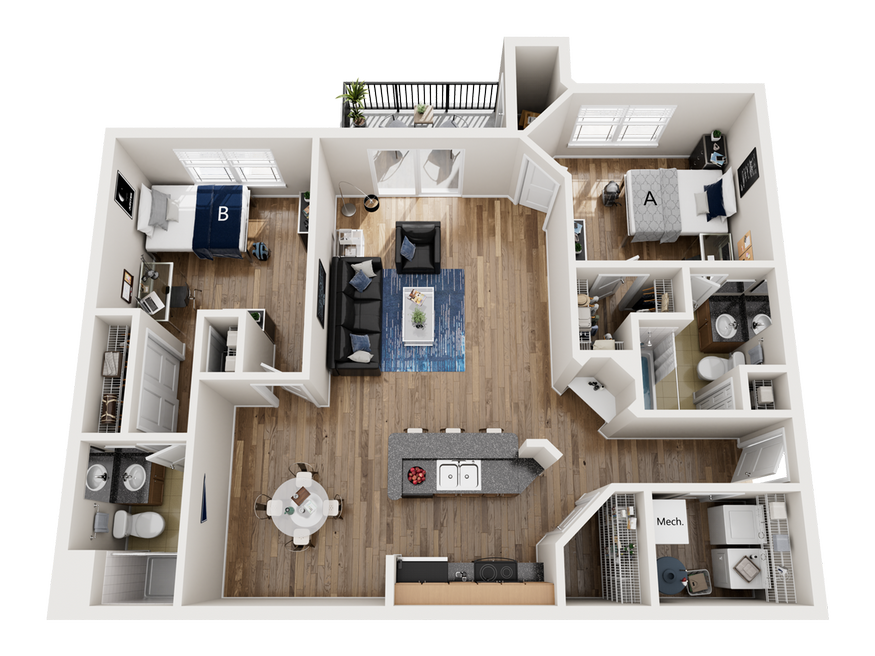 The Flats at UNF 2 bedroom 2 bathroom furnished apartment floorplan