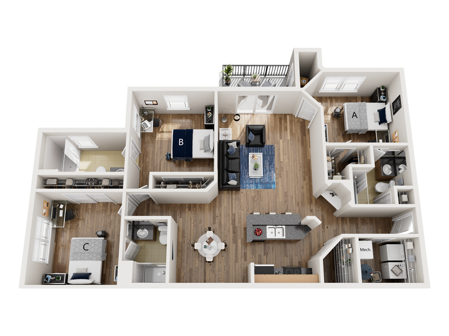 The Flats at UNF 3 bedroom 3 bathroom apartment floorplan