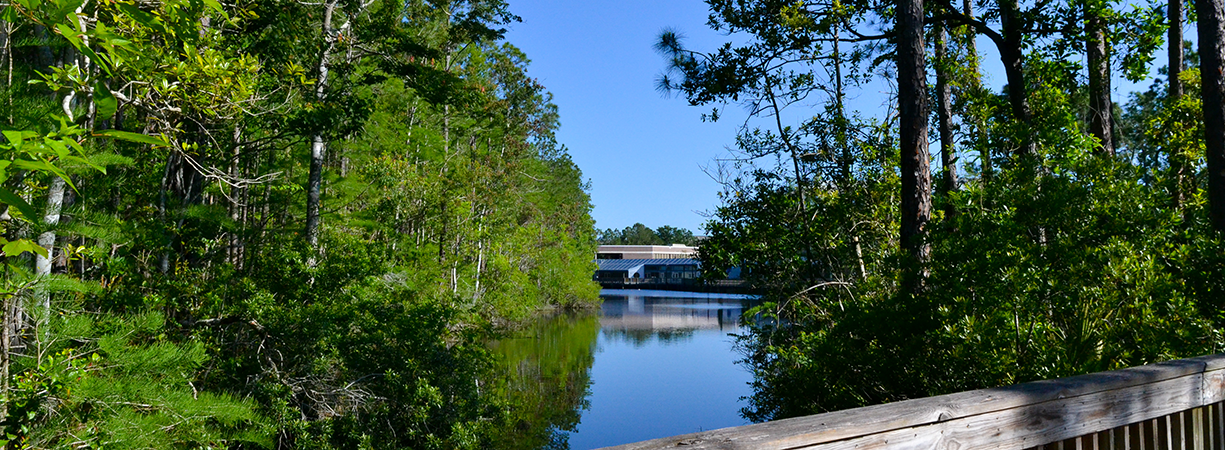 the housing main office in the background of candy cane lake