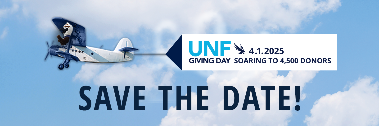 ozzie flying a plane with a save a date for giving day banner