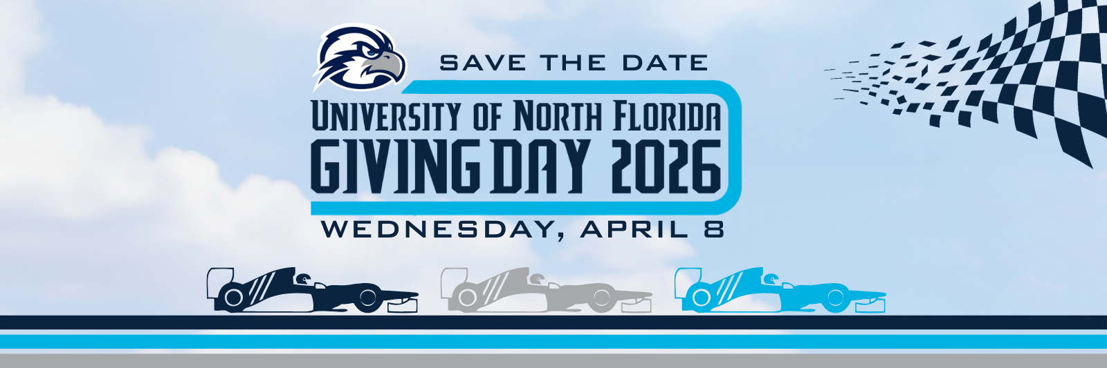 save the date unf giving day wedenesday april 8 with racing cars