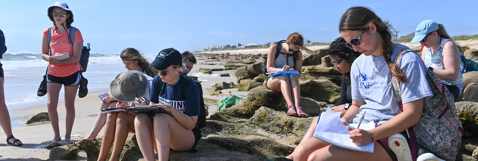 Students doing research together in a group on the beach