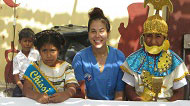 Valerie with students in costumes