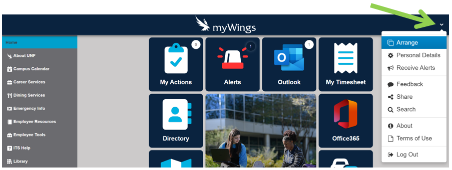 mywings with toggle menu open and arrange highlighted