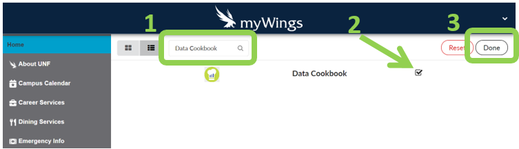 Type “Data Cookbook” into the search bar and check the box. Then click “Done”.