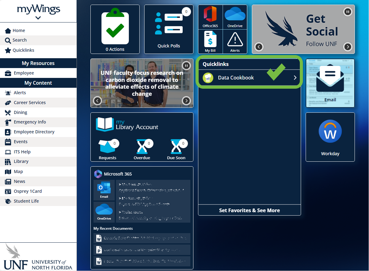 mywings homepage showing the quicklinks section with favorites displayed, and the 'Data Cookbook' link highlighted in the favorites list