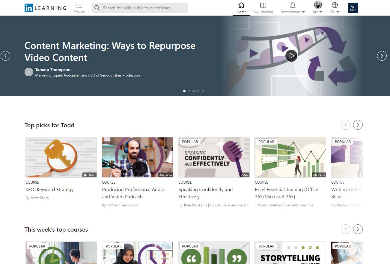 Linkedin learning home page
