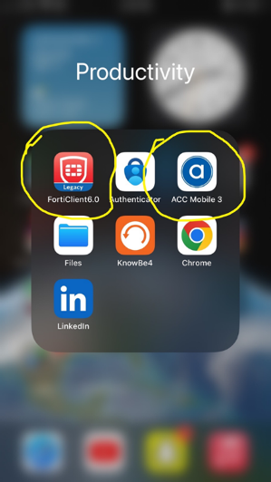 two iPhone apps circled FortiClient 6 and ACC mobile 3