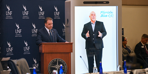 President Moez Limayem delivering a speech to Florida BOG