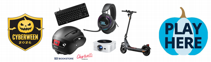 Keyboard, headphones, electric scooter and helmet blue pumpkin Play here text