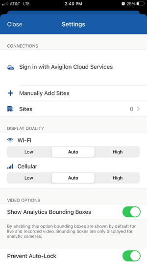 ACC Mobile app settings options sign in with Avigilon cloud services manually add sites sites wi-fi cellular show analytics bounding boxes prevent auto-lock