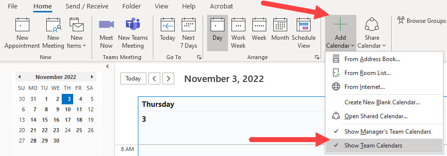 teams calendar with arrow pointing to add calendar in the toolbar