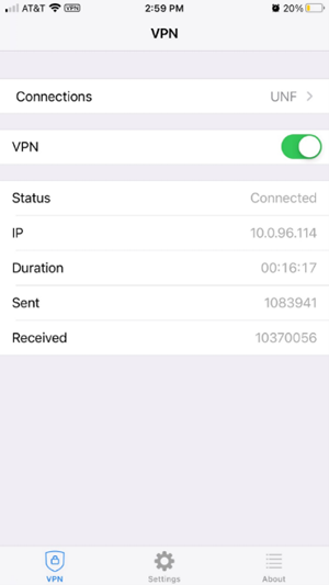 view of VPN app with connections UNF VPN on Status IP Duration Sent Received fields