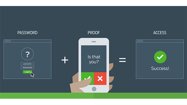 Duo process prompts person for password, verification via mobile device, then access is successful.