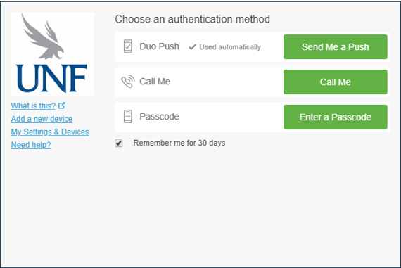 UNF Login prompt to choose Authentication Method