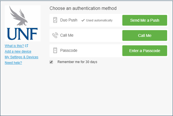 screen capture of UNF Duo login prompt where you choose the authentication method you prefer