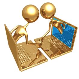 two gold people icons coming out of computer screens and shaking hands