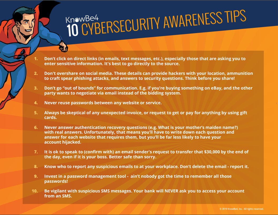 10 Cybersecurity Awareness Tips with a superhero on it - info relayed below