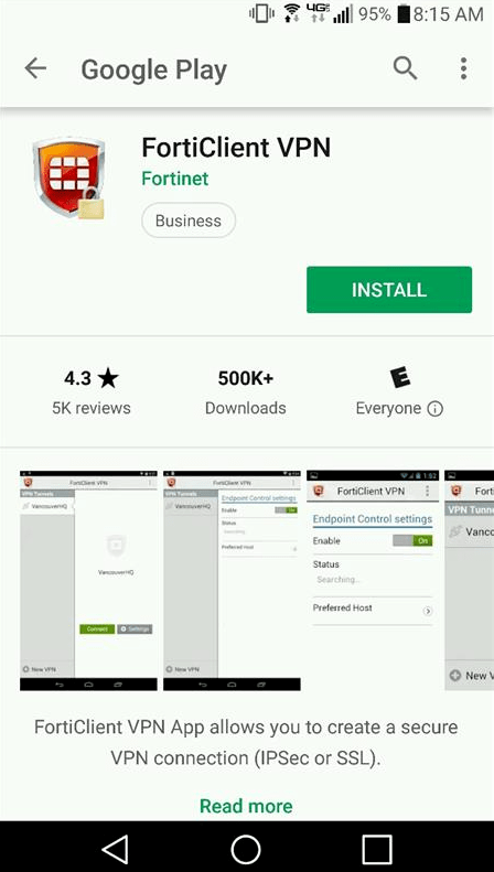 screenshot of Install forticlient VPN in Google Play store