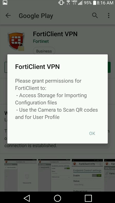 screenshot of FortiClient permissions screen