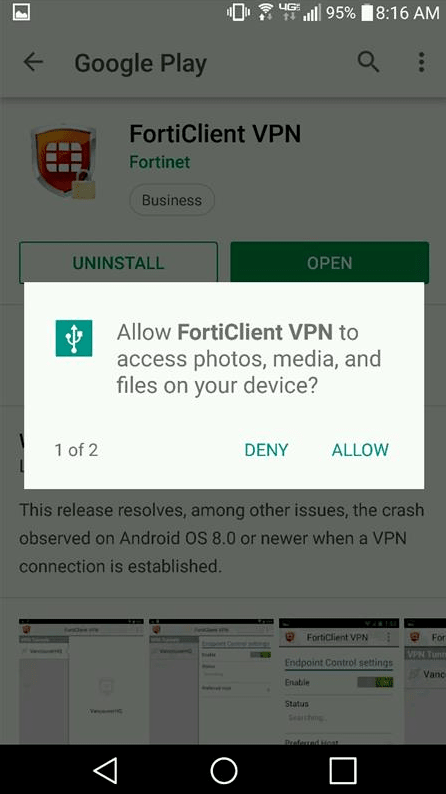 screenshot of deny or allow access to media with Forticlient VPN
