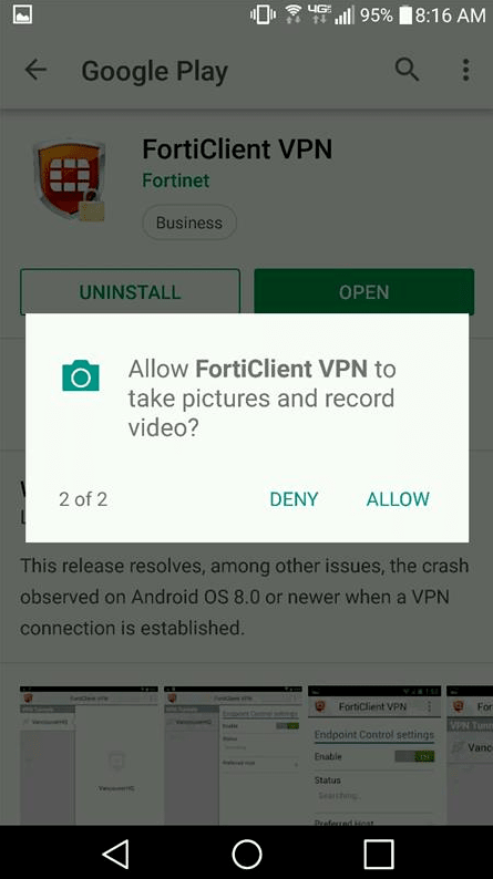 screenshot of deny or allow FortiClient to take pics and record video
