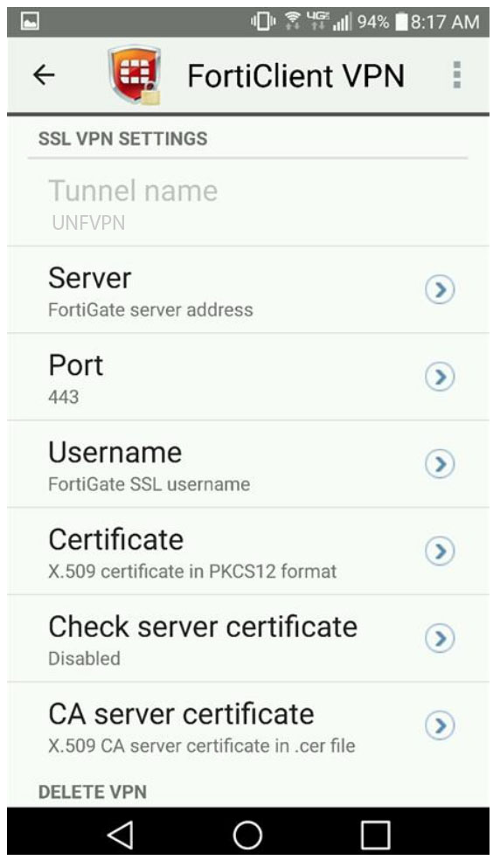 screenshot of Forticlient SSL VPN settings