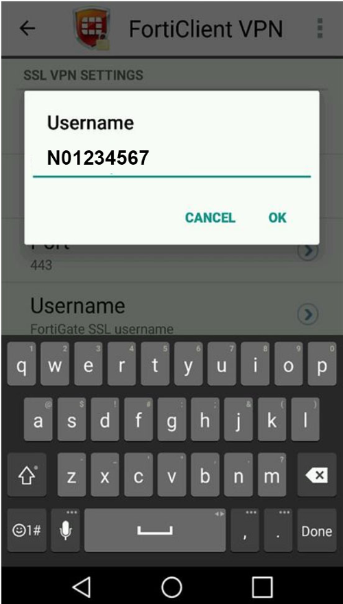 screenshot of VPN username android screen