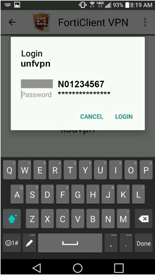 screenshot of VPN login android screen