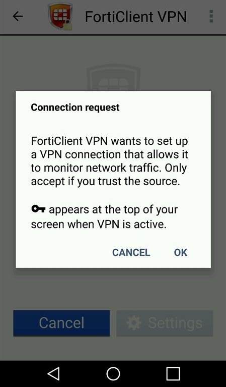 screenshot of Request for forticlient vpn to monitor network traffic accept if you trust the source