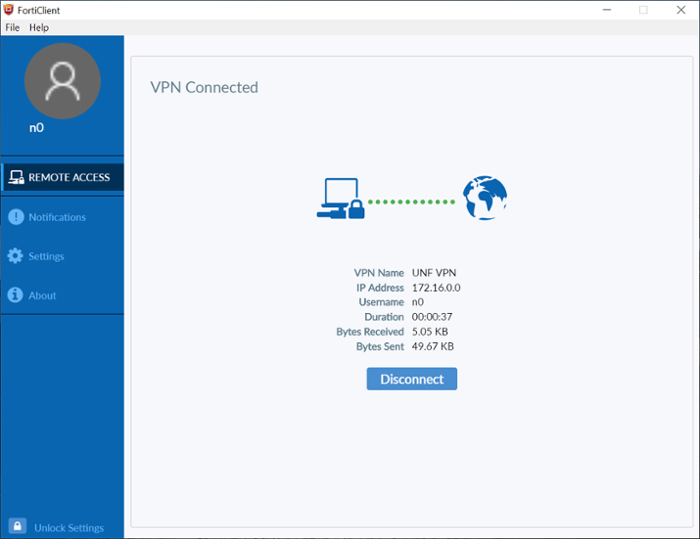 FortiClient VPN connected windows