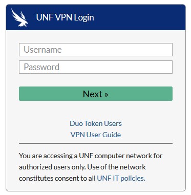 UNF VPN Login prompt for username and password