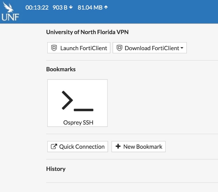 UNF VPN interface with actions to launch or download FortiClient