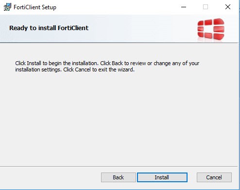 Ready to install FortiClient screen. Click Install.