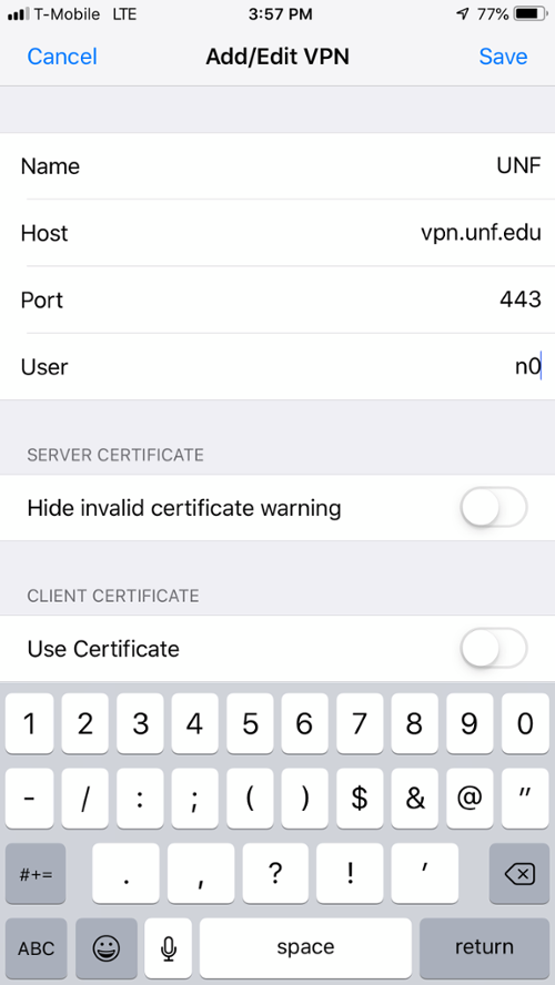 FortiClient Add Edit VPN on iOS