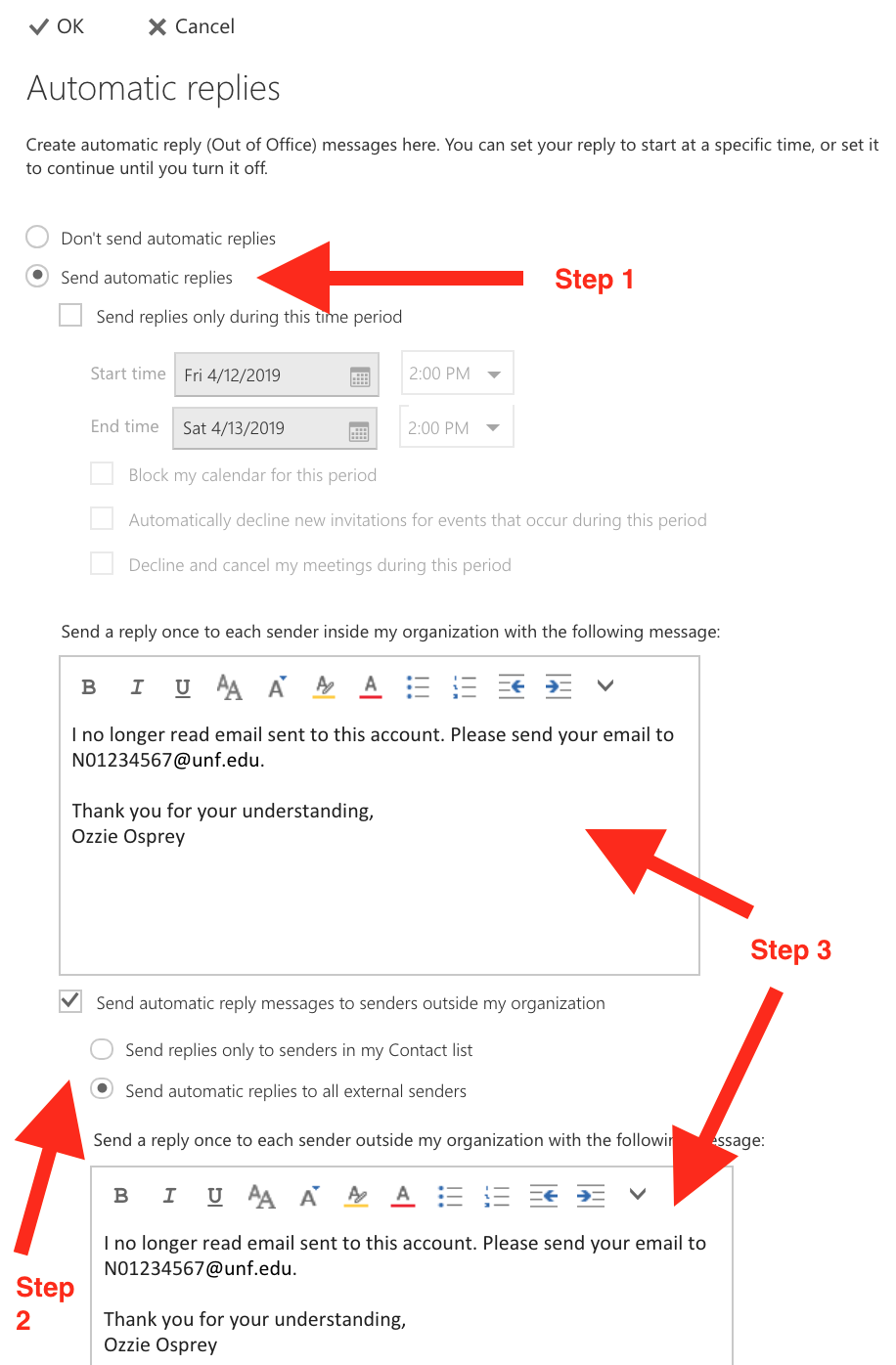 Automatic Replies Screen in Outlook (full descriptive text is above)