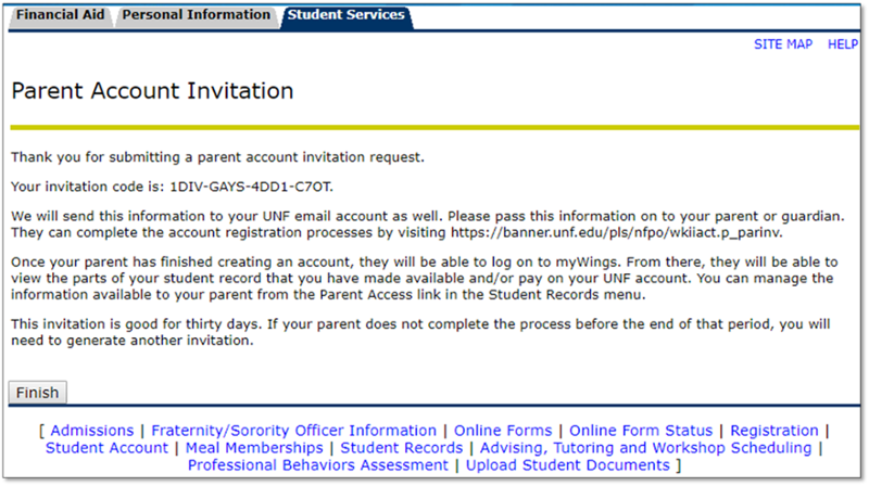 screen capture of the parent account invitation page where students are given an invitation code to provide to parents