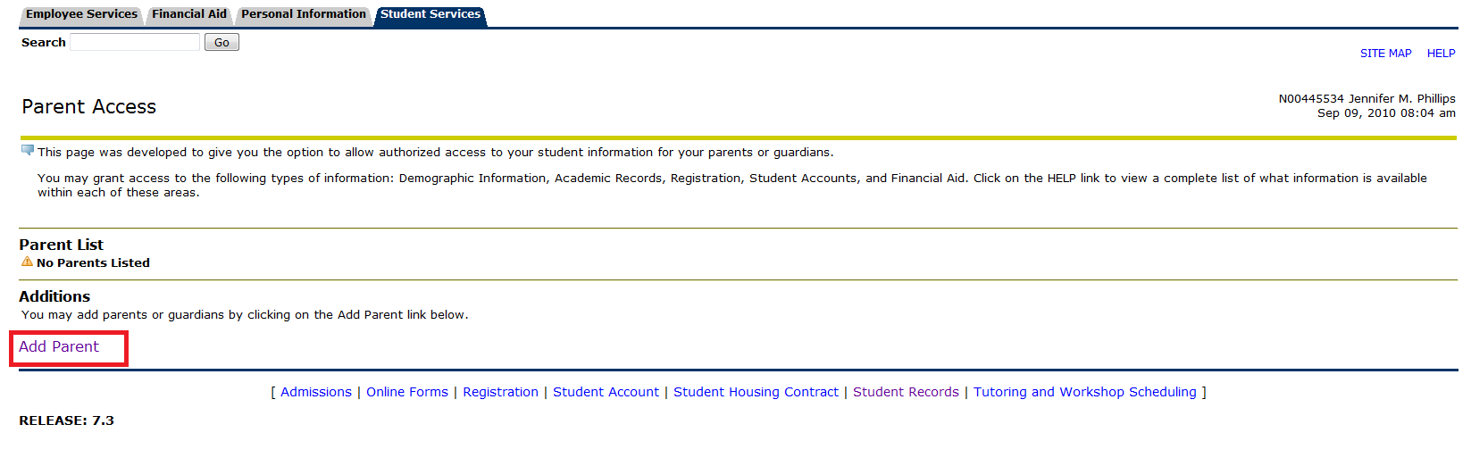 UNF parent access menu with link to add parent highlighted