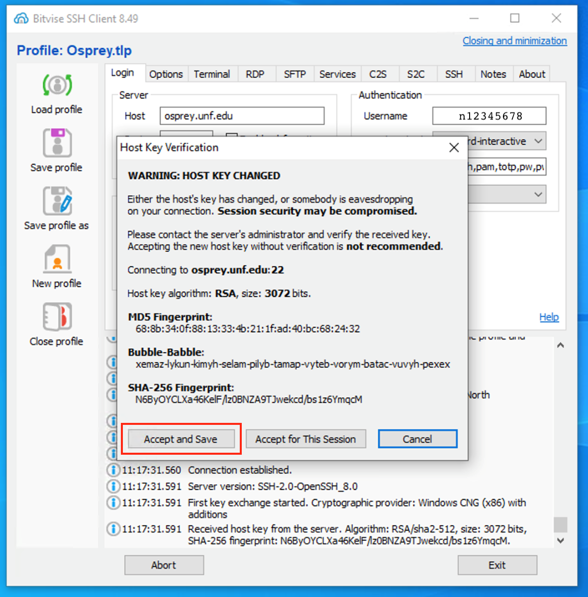 BitVise Accept Host Key Change