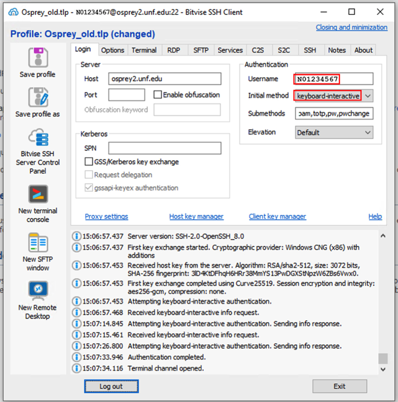 Screenshot for a working Bitvise client profile